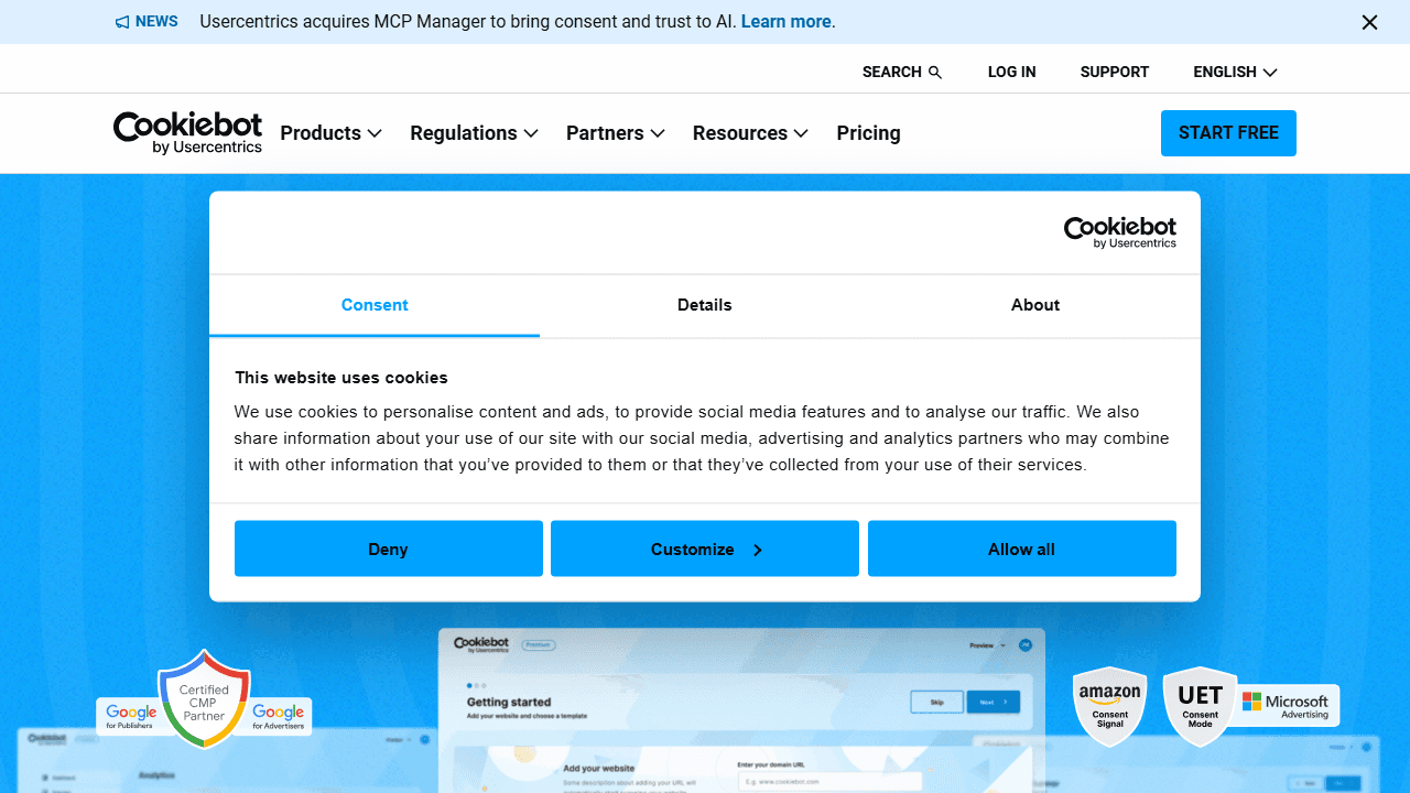 Example of a marketing page with cookie consent and dense UI
